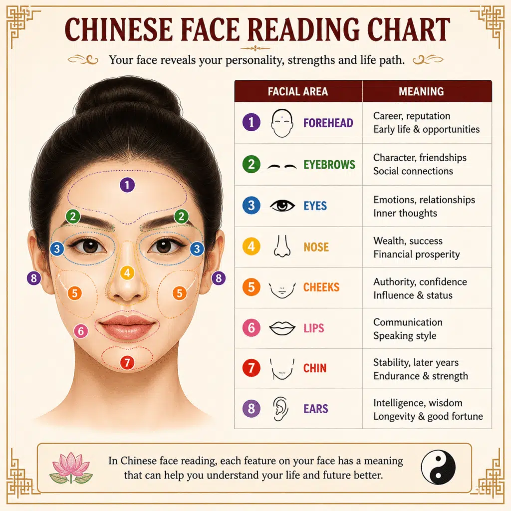 Chinese Face Reading Chart showing facial feature meanings