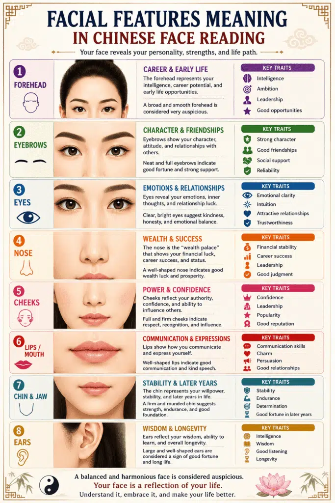 Chinese Face Reading Map with facial zones and meanings