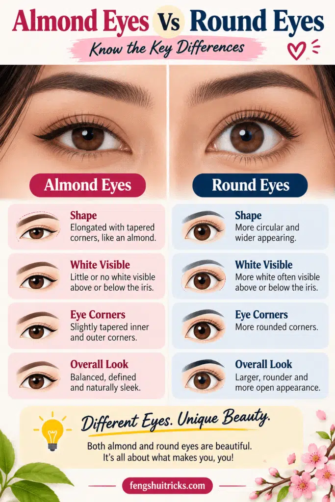 Almond eyes vs round eyes comparison showing differences in eye shape, corners and visible eye whites Almond eyes vs round eyes comparison showing differences in eye shape, corners and visible eye whites